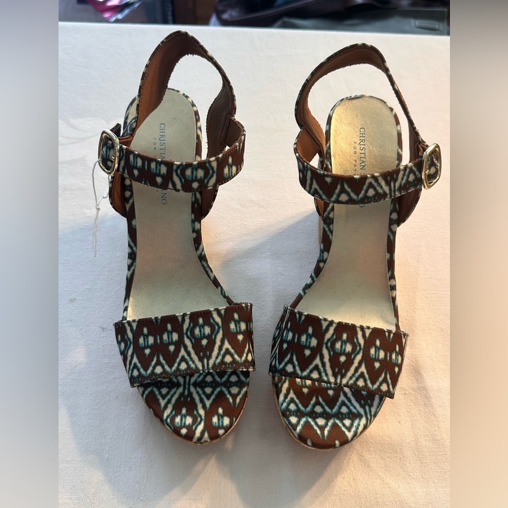 Christian Siriano Blue & Brown Ikat Cork Wedges Size 11 Boho Eclectic Classic